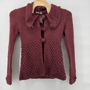 Prima Bella Cardigan Sweater‎ Women Med Burgundy Chunky Knit Popcorn Whimsigoth